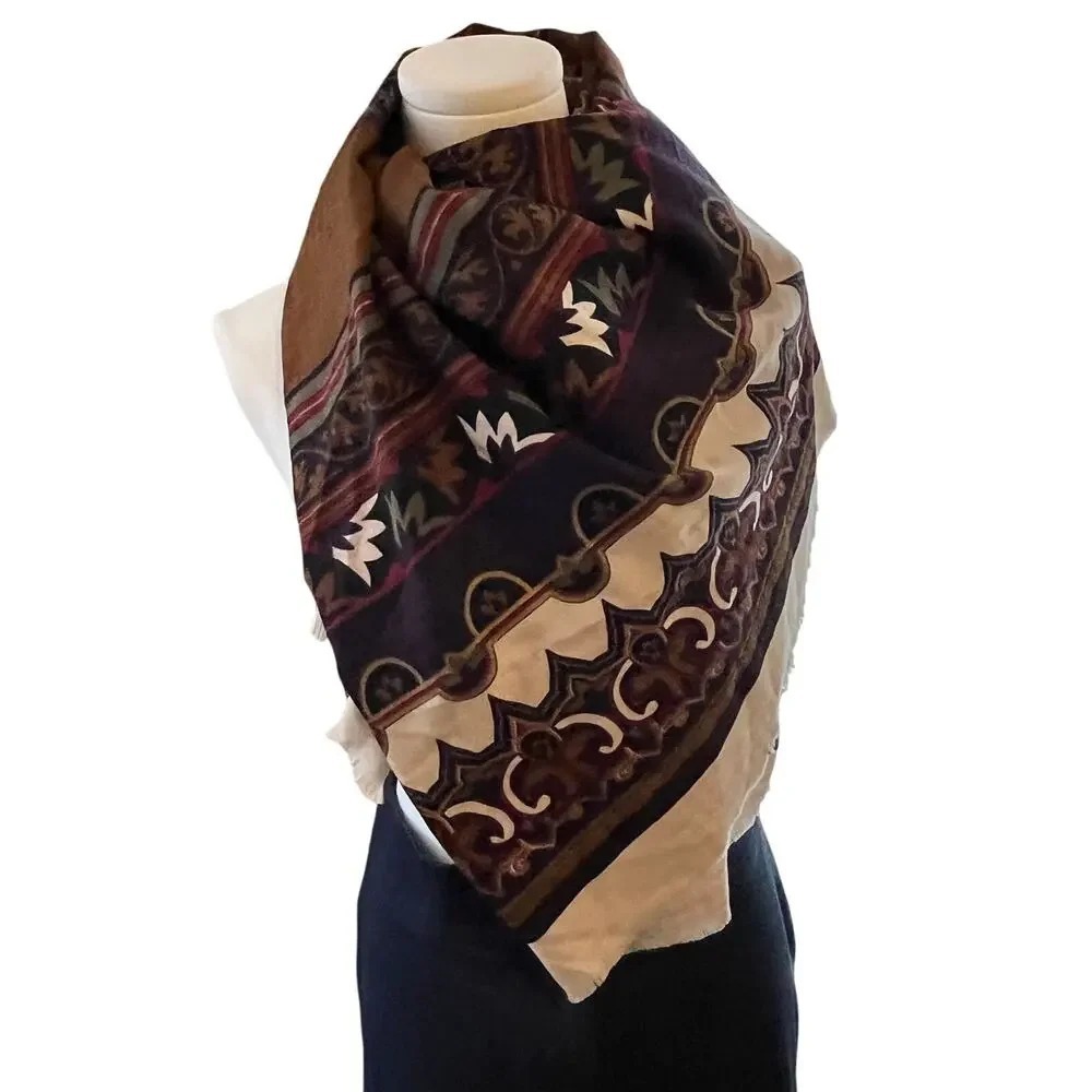 Italian Made Damask‎ Square Scarf 45 Grecian Print Brown Purple